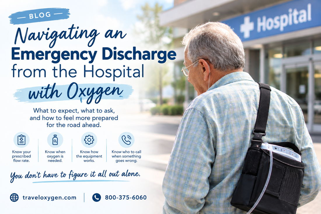 Older adult leaving a hospital with a portable oxygen concentrator. Informational blog cover from TravelOxygen by Liberty Medical
