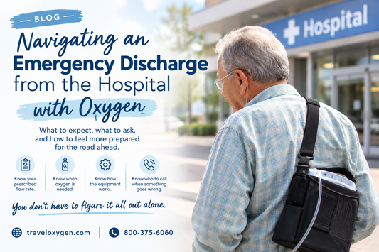 Older adult leaving a hospital with a portable oxygen concentrator. Informational blog cover from TravelOxygen by Liberty Medical