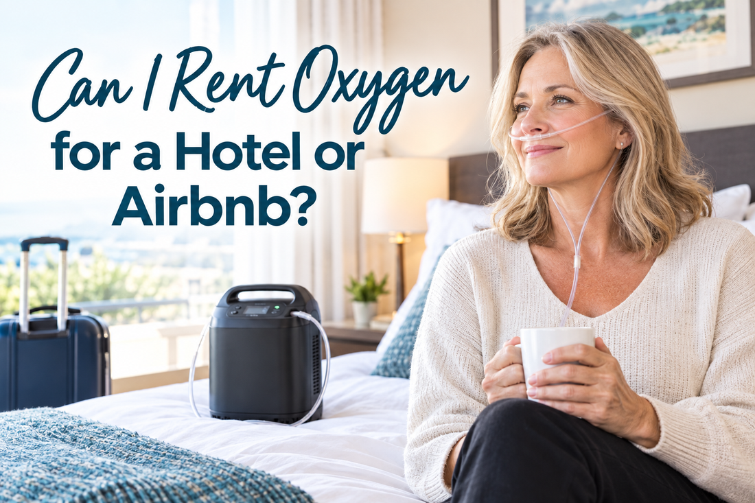 Woman wearing a nasal cannula using supplemental oxygen from a portable oxygen concentrator in a hotel room while traveling, with luggage nearby