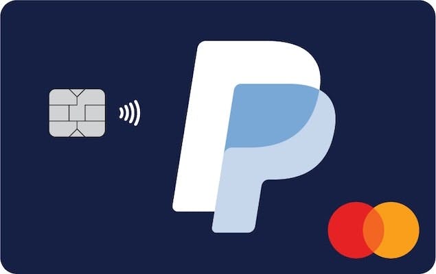 Card with PayPal logo and Mastercard symbols on a dark blue background